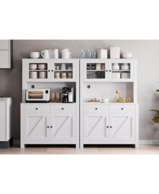 63" Tall Kitchen Pantry Cabinet with Drawers, Hutch & Glass Doors