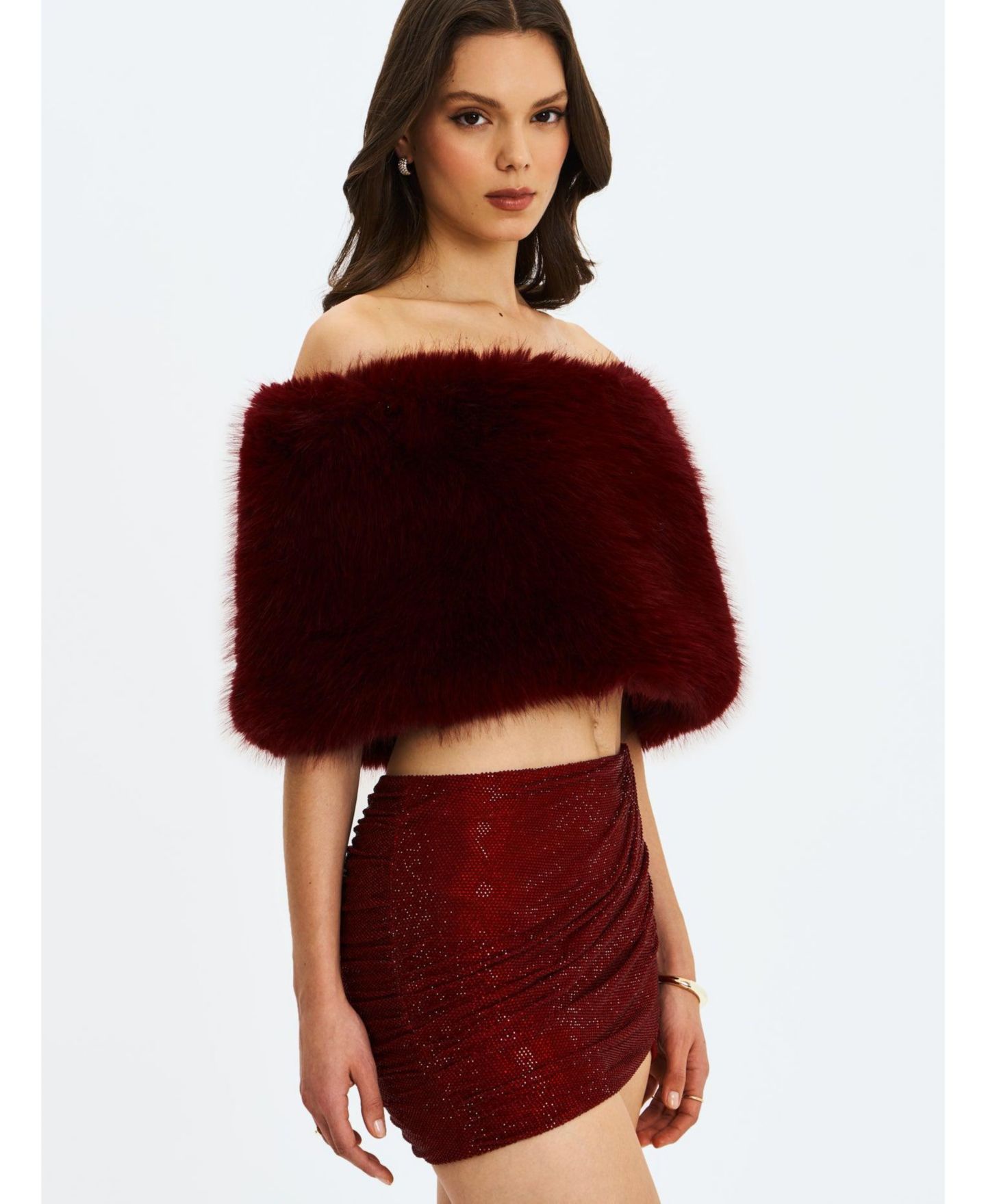 Женская юбка Miss Circle Darleen Crimson Rhinestone Mesh Low Waist Ruched, цвет: Бордовый — фото 2