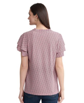 Petite Knit Flutter Sleeve Band Collar Top