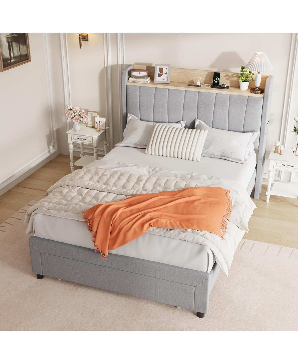 gaomon Upholstered Bed Frame with Storage Headboard, Drawer, Charging Station, Linen Platform