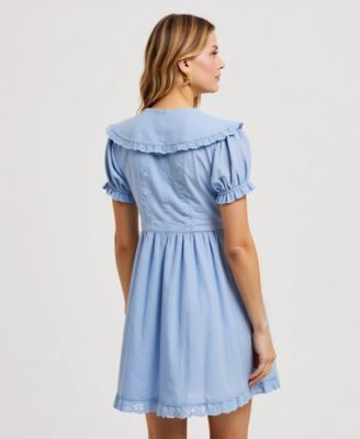 Women's Button-Front Lace-Trim Puff-Sleeve Mini Dress