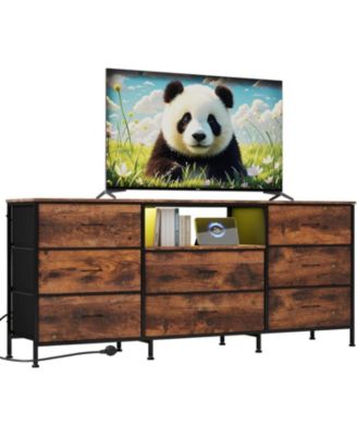 63" TV Stand with 8 Fabric Drawers and LED Lighting, Steel Frame Media Console for 65 70 75 Inch Televisions