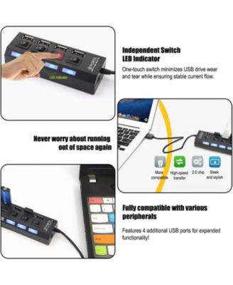 4-Port USB 2.0 Hub with Independent Switches, Portable USB Splitter for Desktop & Laptop, Ideal for Gamers, Office