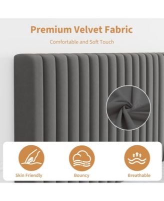Full Size Velvet Bed Frame, Vertical Channel Tufted Headboard, Height Adjustable, Upholstered Platform Bed