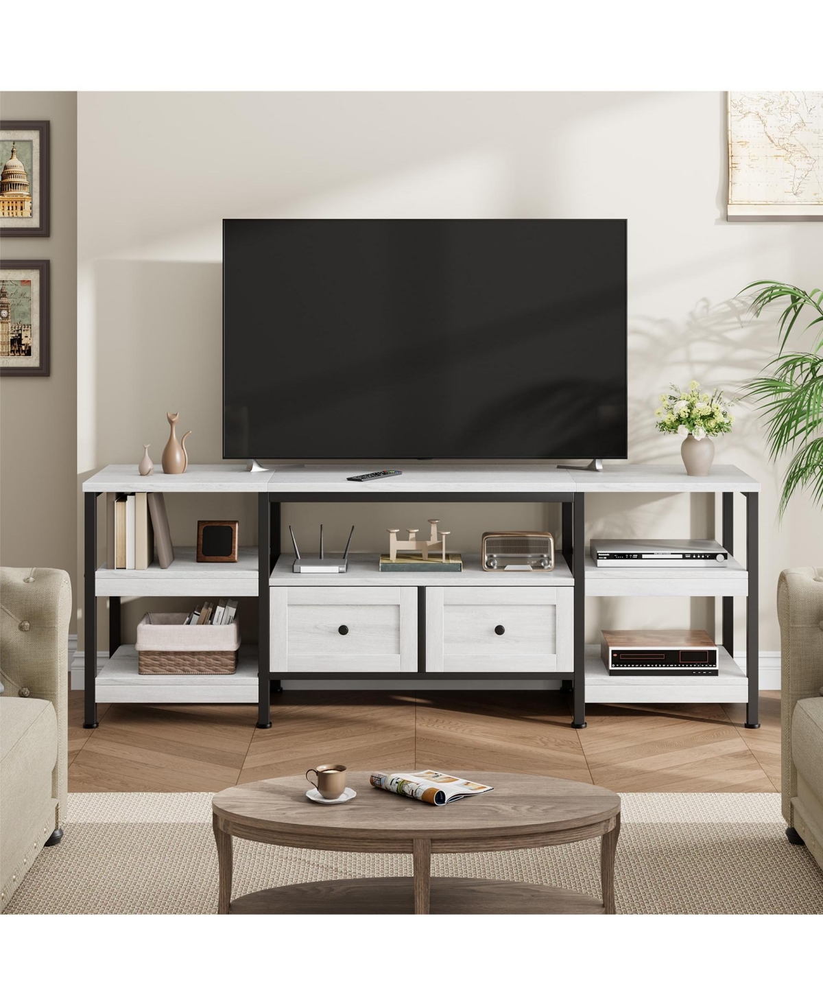 gaomon 71" Industrial Tv Stand with 2 Drawers, Entertainment Center with Open Storage Shelves