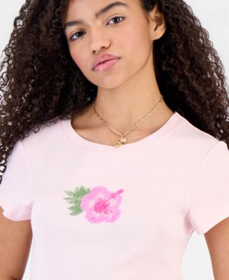 Juniors' Beaded Hibiscus Flower Short-Sleeve Tee