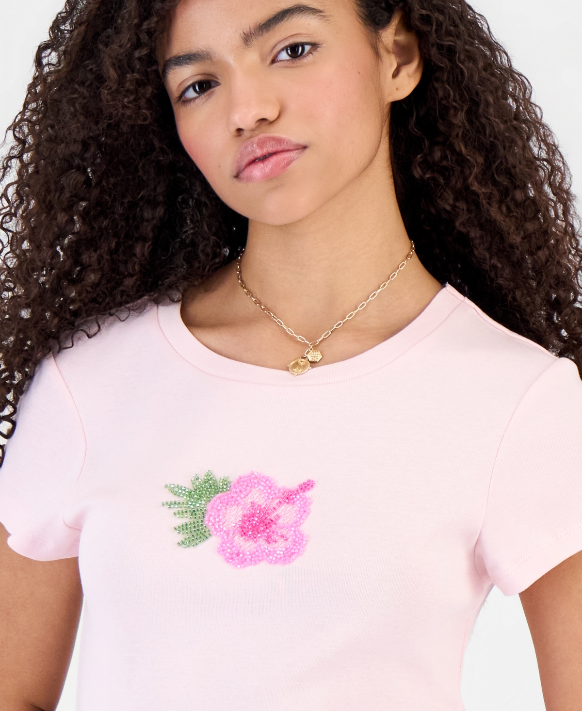 Madden Girl Juniors' Beaded Hibiscus Flower Short-Sleeve Tee