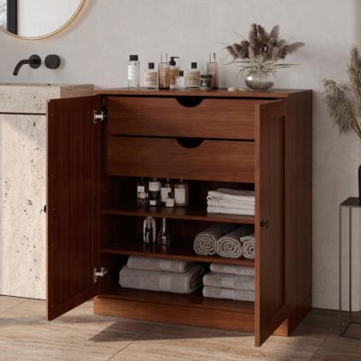 100% Solid Wood 32" Bathroom Storage Cabinet with Shaker Doors, 2-Drawers & Adjustable Shelves