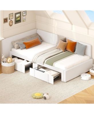 Twin Corner Bed Frame with Headboard, Bed Rails and Storage Drawers, Velvet Upholstered Sofa Bed with Guardrail for Bedroom, Guest Room