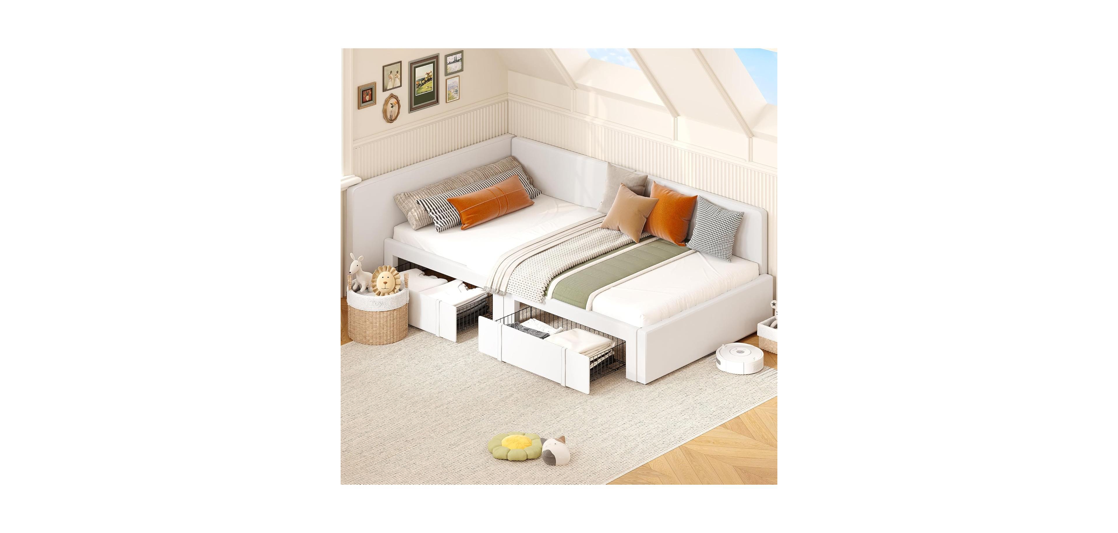 Gaomon Twin Corner Bed Frame with Headboard, Bed Rails and Storage Drawers, Velvet Upholstered Sofa Bed with Guardrail for Bedroom, Guest Room