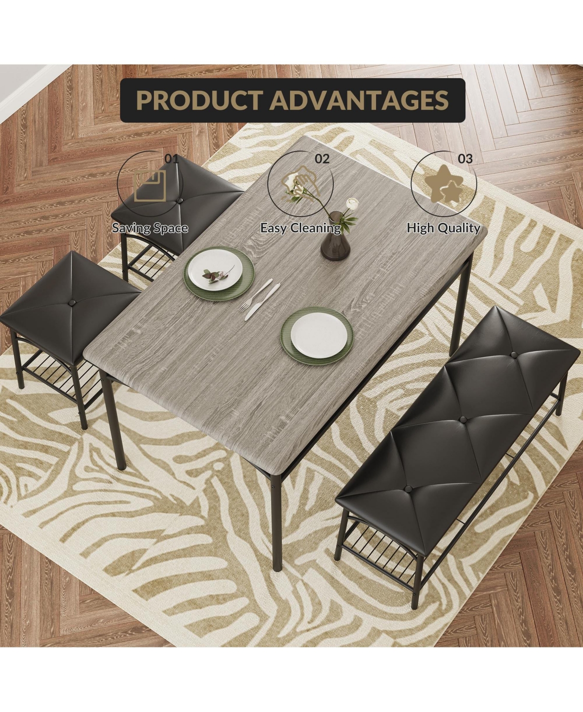 Gomon 4-Piece Dining Table Set with Upholstered Bench & 2 Stools, Storage Shelf, Space Saving Compact Kitchen