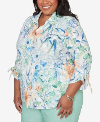 Plus Size Caribbean Blues Tropical Flower Eyelet Tie-Sleeve Top