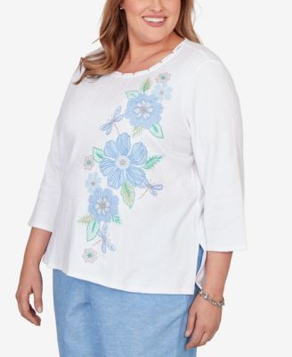 Plus Size Caribbean Blues Embroidered Dragonfly Floral Top