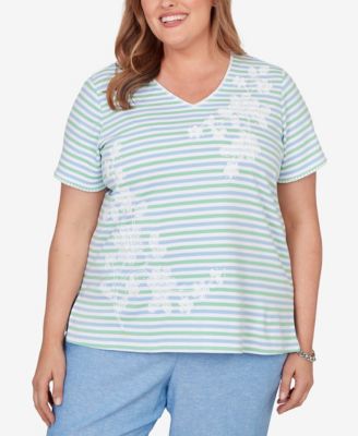 Plus Size Caribbean Blues Highlight Flower Striped Top
