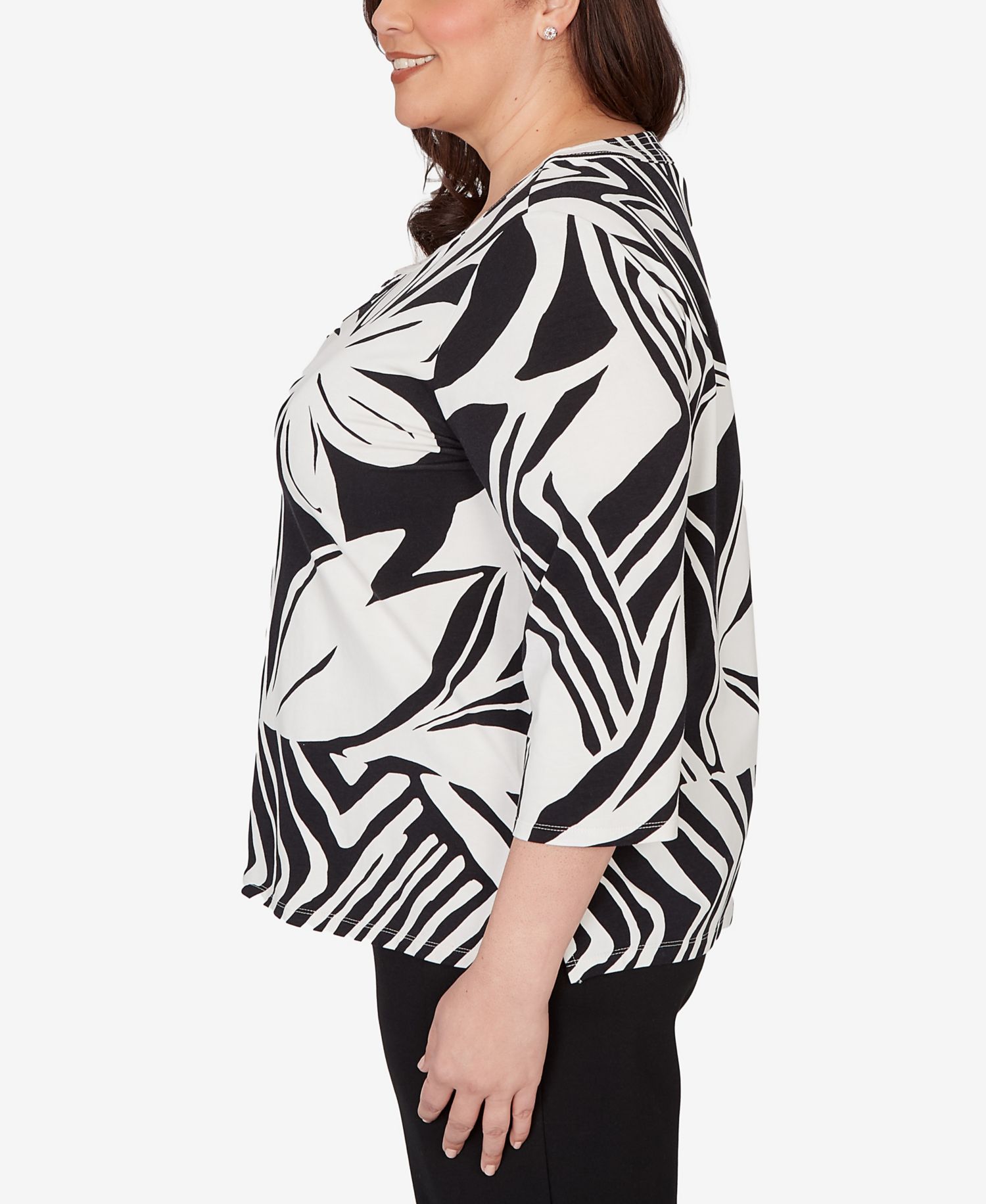 Plus Size Crowd Pleaser Dramatic Abstract Floral Split Neck Top