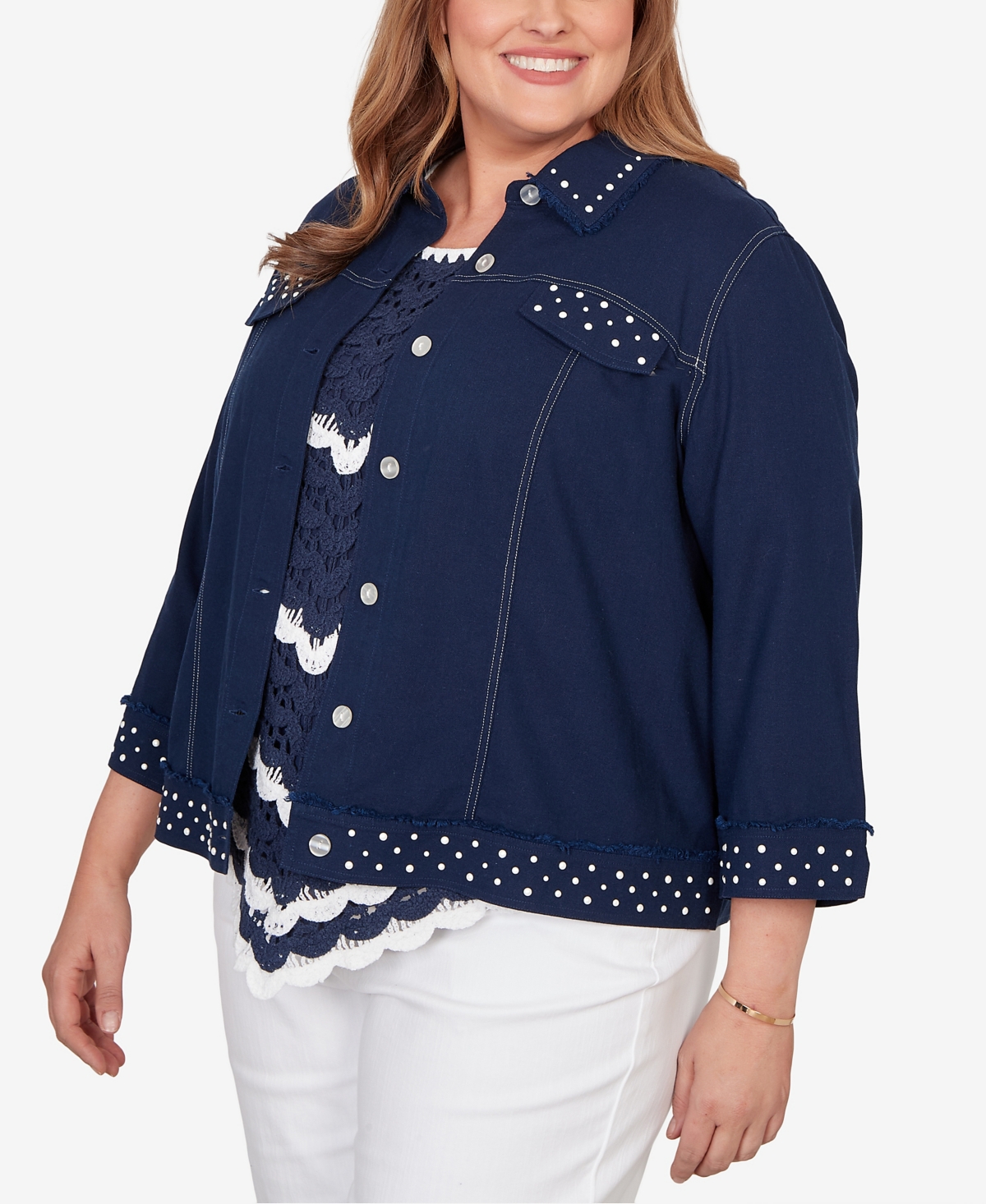 Alfred Dunner Plus Port Side Pearl Trim Denim Jacket