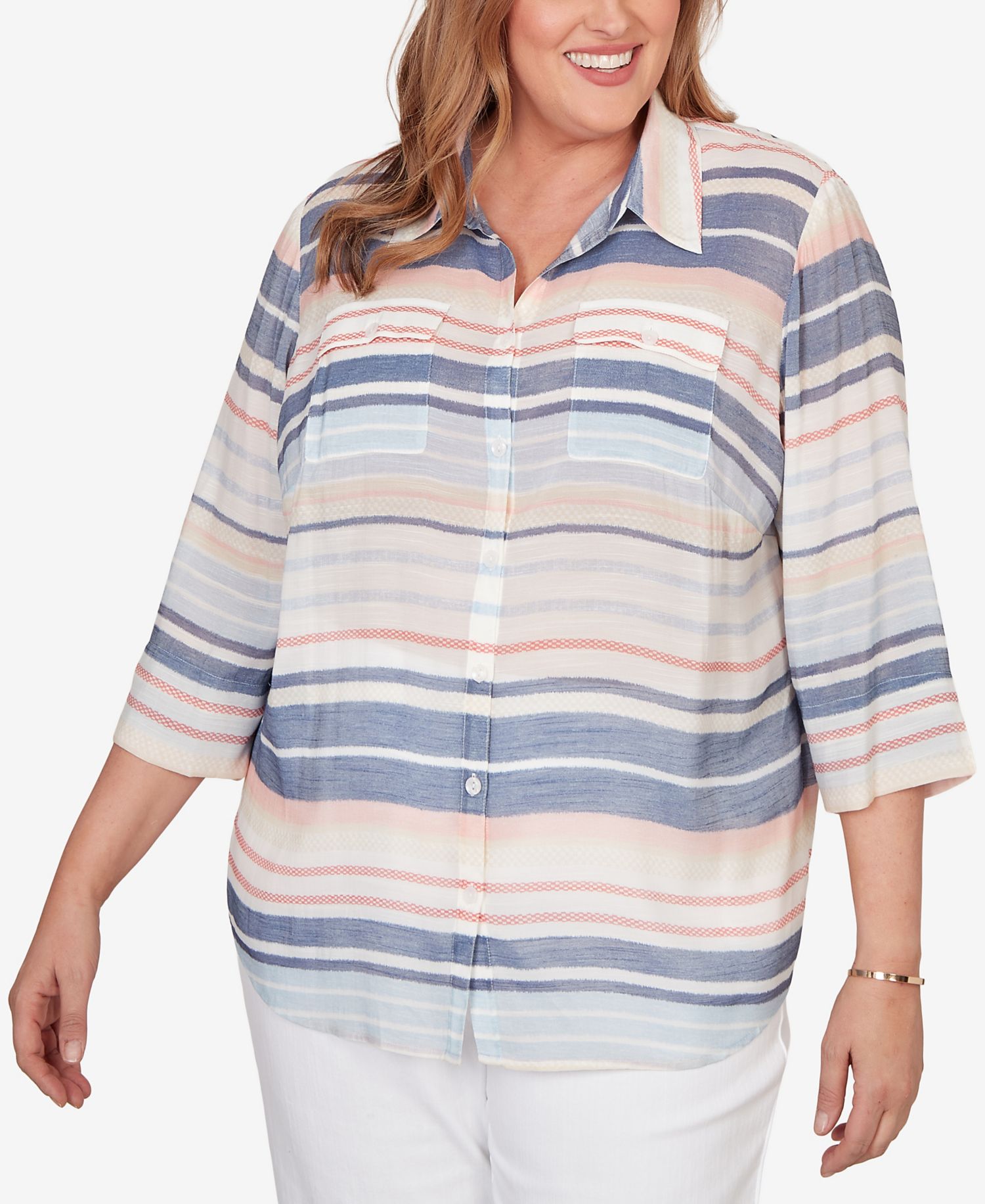 Plus Size Port Side Textured Stripe Button-Front Top