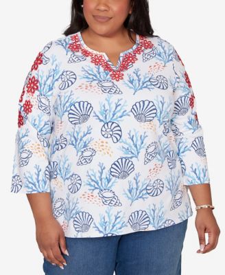 Plus Size Port Side Shell Print Embroidered Top