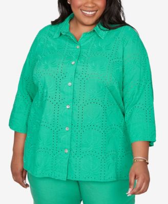 Plus Size Resort Living Eyelet Palm Tree Button-Front Top