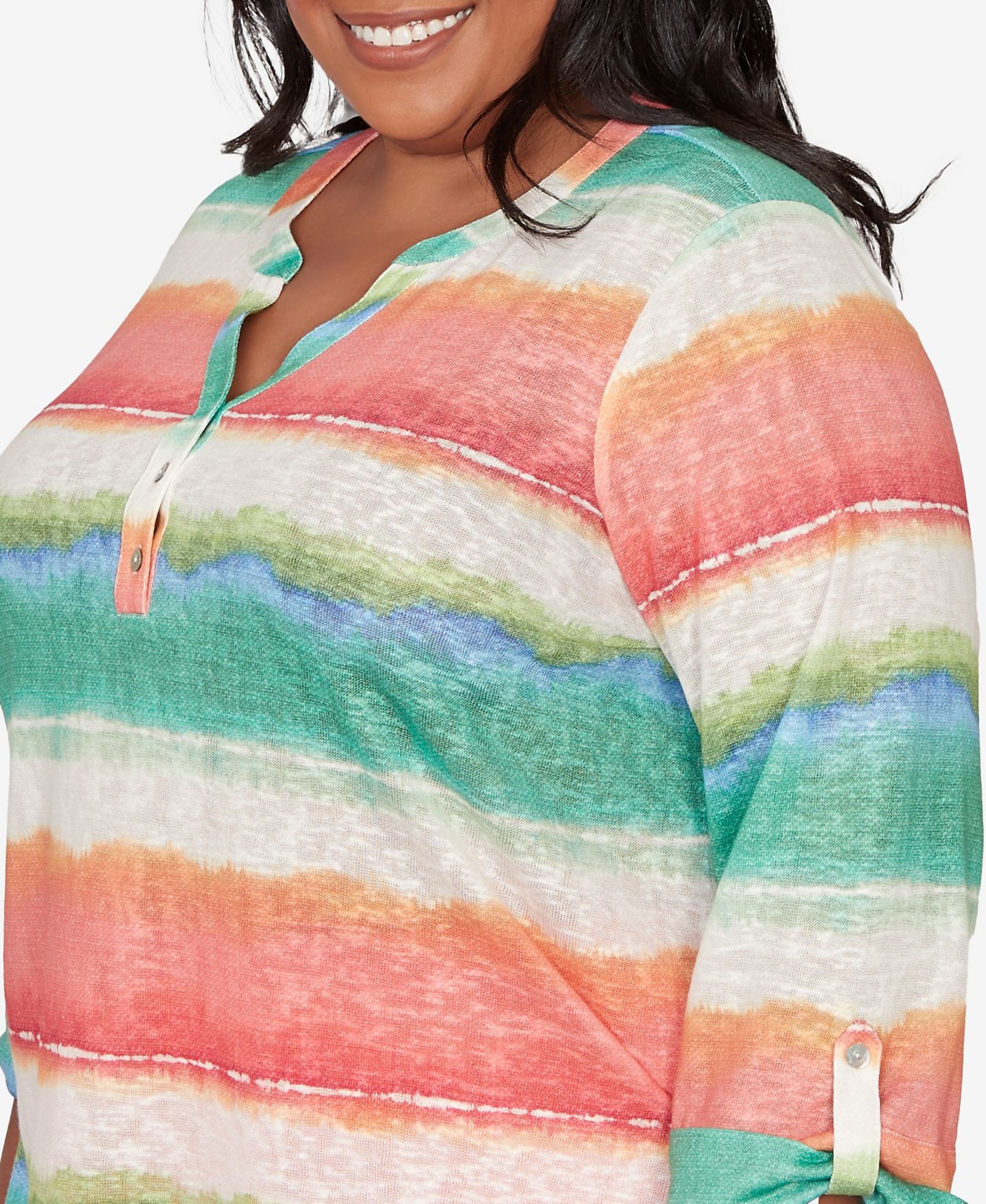 Женский топ Alfred Dunner Plus Size Resort Living Biadere Tie Dye Stripe Henley, цвет: Оранжевый разноцветный — фото 5