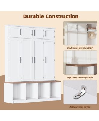 Farmhouse Hall Tree Walnut Seating Bench with 4 Hanging Hooks for Living Room