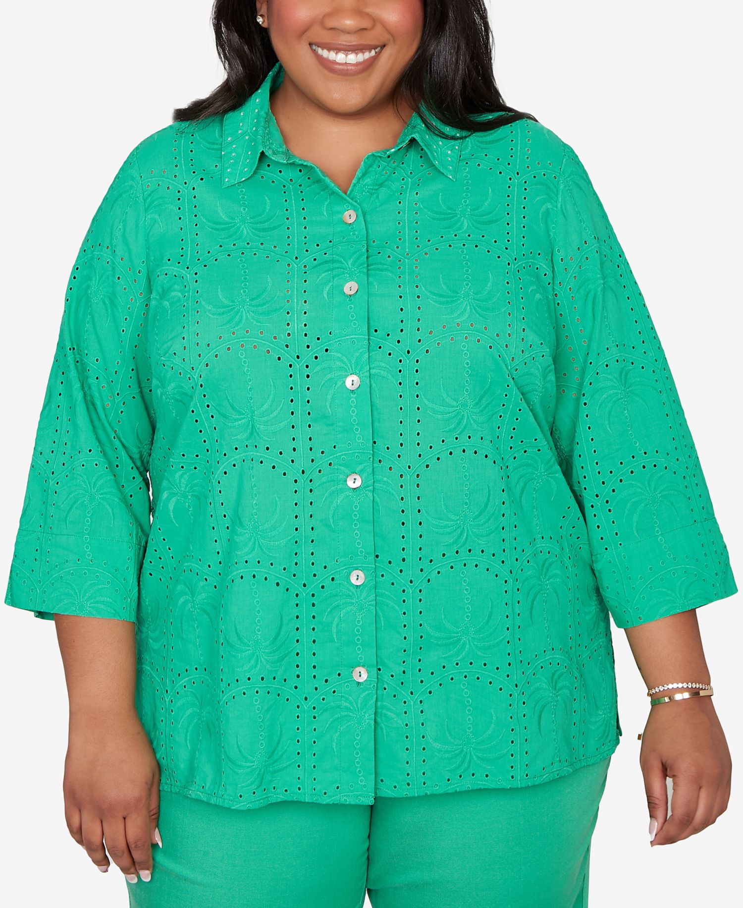Plus Size Resort Living Eyelet Palm Tree Button-Front Top