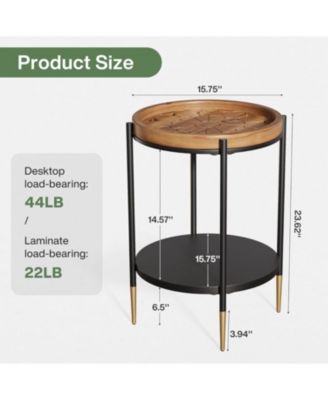 Round Side Table, 2-Tier End Table with Solid Wood and Metal, Industrial Nightstand