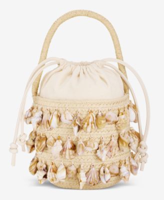 Shell Embellished Straw Bucket Bag