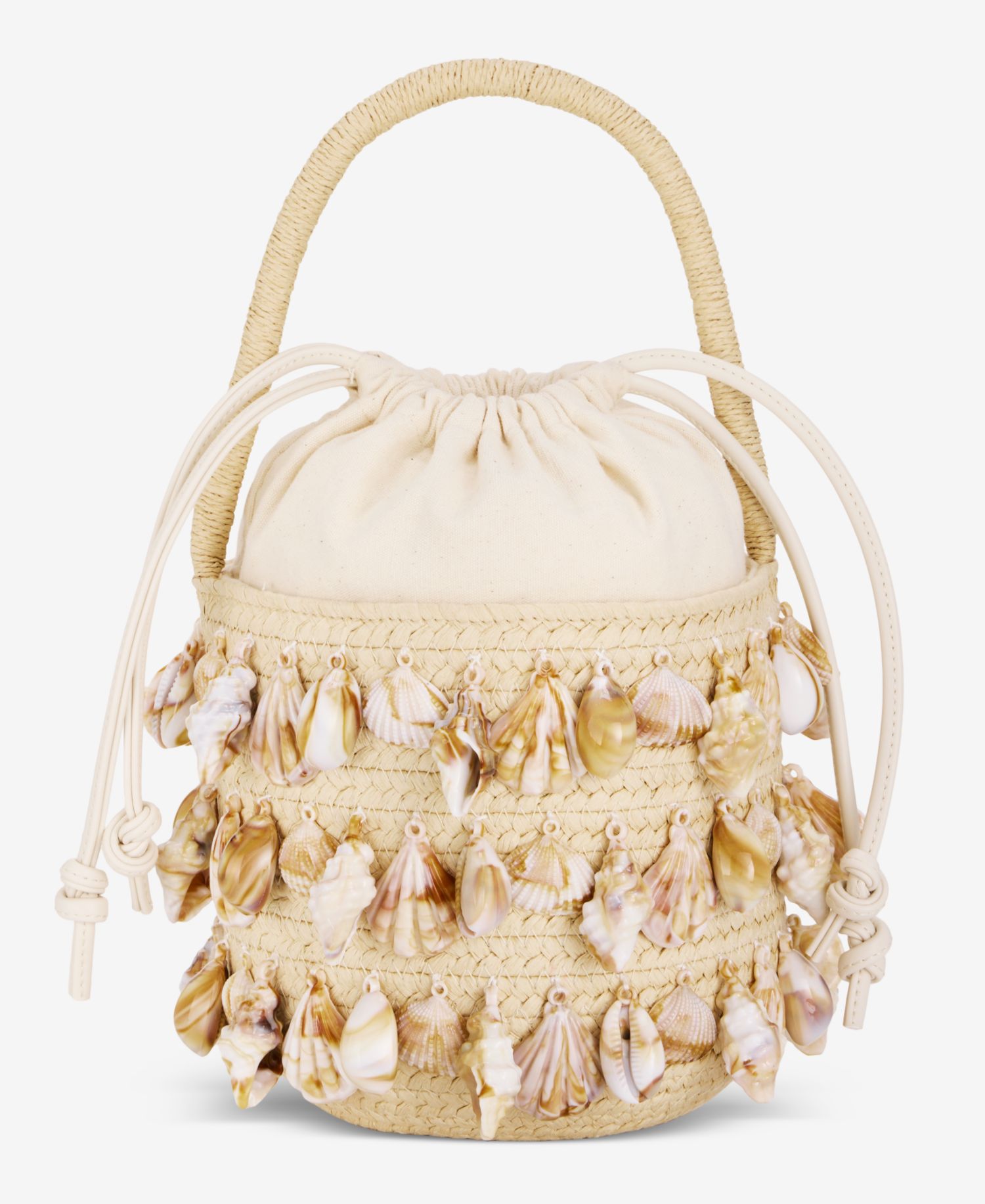 Shell Embellished Straw Bucket Bag