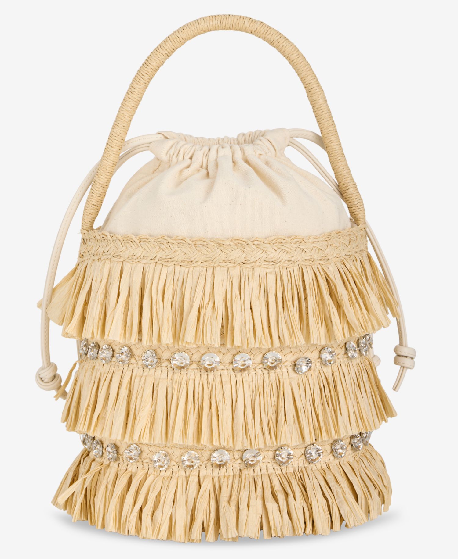 Fringe And Crystal Mini Bucket Bag