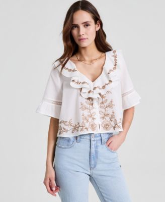 Petite V-Neck Embroidered Top