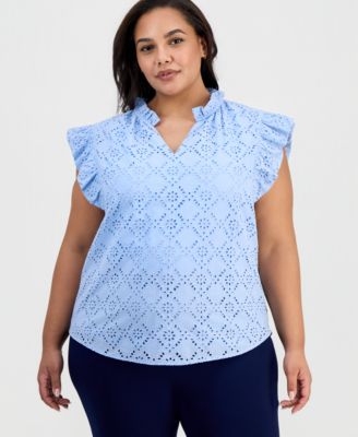 Plus Size Split-Neck Flutter-Sleeve Top