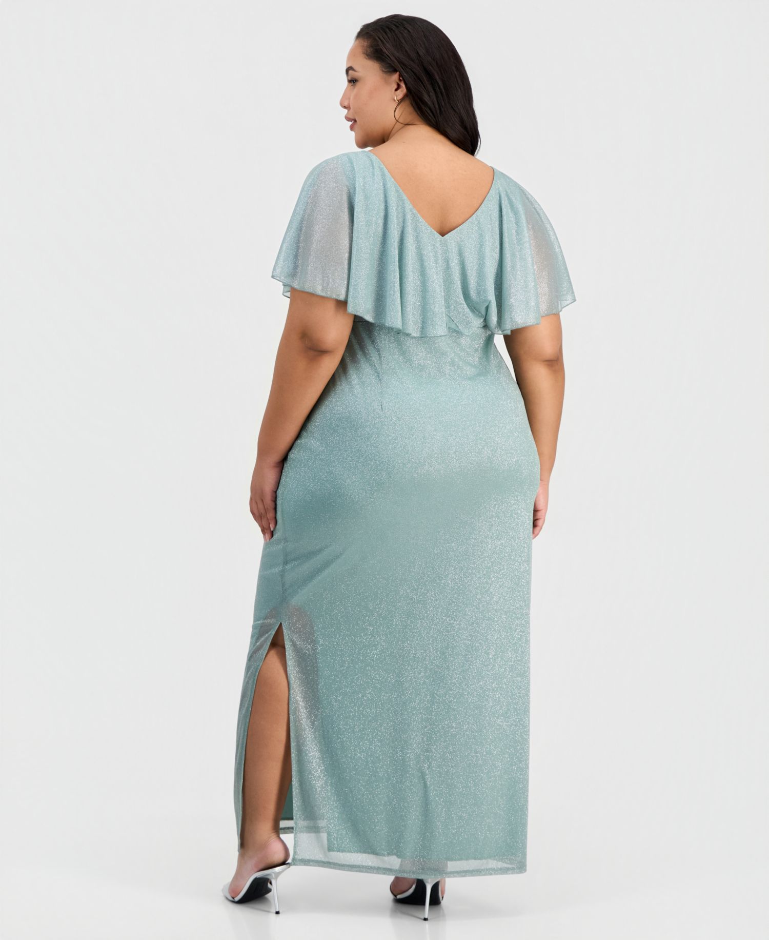 Plus Size Cape-Overlay V-Neck Glitter Dress