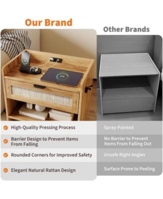 Rattan Nightstand Set of 2, Modern Boho Bedside Table with Drawers, Wooden Night Stand for Bedroom, Side End Tables for Living Room Furniture
