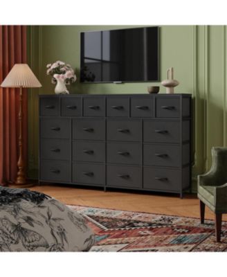 Hetoy 63 Inches Fabric Dresser TV Stand with Charging Station - 18 Drawer Long Dresser for Bedroom - Chest of Drawers for Living Room