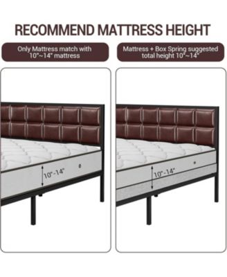 Queen Upholstered Metal Bed Frame with Square-Stitched Headboard, Faux Leather Platform Bed with Steel Slats Support, Box Spring Optional