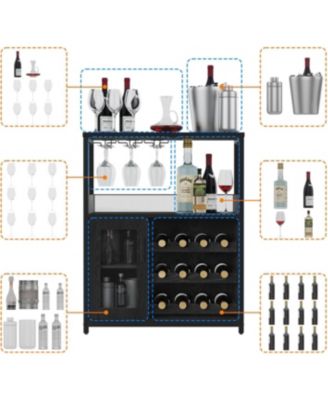 3-Tier Wine Bar Cabinet with Detachable Wine Rack and Drawer Industrial Sideboard and Buffet Cabinet with Glass Holder and Mesh Door