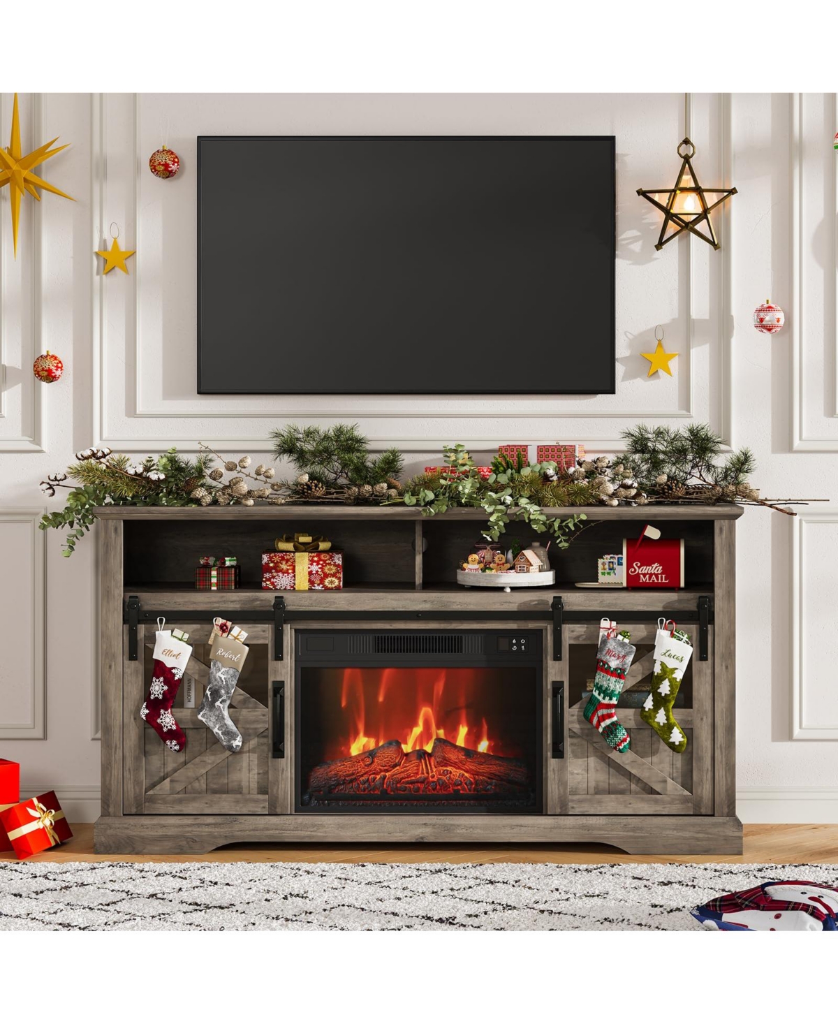 gaomon Electric Fireplace for Tvs Up to 65 in, w/ 23 in Electric Fireplace, Large Entertainment Center with Sliding Barn Door