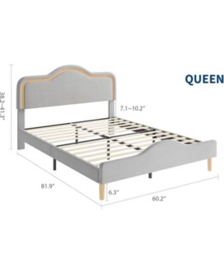 Queen Size Bed Frame with Adjustable LED Headboard, Velvet Upholstered Princess Platform Bedframe with Footboard for Kids, Wooden  Support