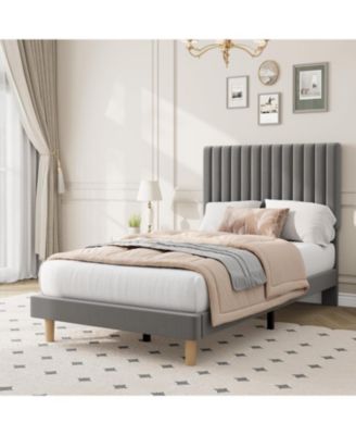 Twin Size Velvet Bed Frame, Vertical Channel Tufted Headboard, Height Adjustable, Upholstered Platform Bed, No Box Spring Needed