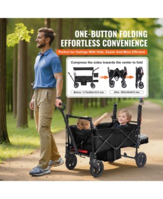 Wagon Stroller for 2 Kids, Collapsible Push Pull Quad Stroller with Adjustable Handle, Harness, Removable Canopy, 4 Wheels with Brakes