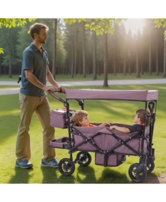 Wagon Stroller for 2 Kids, Collapsible Push Pull Quad Stroller with Adjustable Handle, Harness, Removable Canopy, 4 Wheels with Brakes