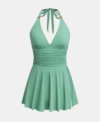 Women's Metal-Trim Ruched V-Neck Halter Swim Dress