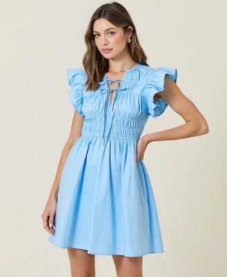 Women's Smocked Ruffle Sleeve Front Tie Mini Dress