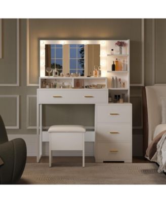 Makeup Vanity Desk with Mirror and 10 LED Light Bulbs - Dressing Table with 3 Tiers of Open Shelves and 4 Large Drawers