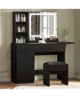 Makeup Vanity Desk with Mirror and Lights - Vanity Table Set with Drawer/Power Outlet/Storage Chair/3 Shelves for Bedroom