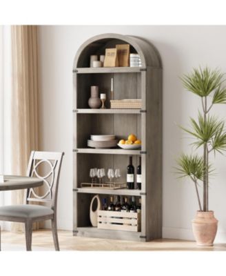 71" Tall 5-Shelf Arched Bookcase – Farmhouse Wooden Bookshelf with Display Storage Rack, Freestanding Bookcase for Home Office, Living Room