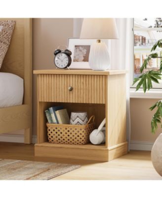 Fluted Nightstand with Drawer, Mid Century Modern Bedside Table with Open Shelf, Nightstand with Storage