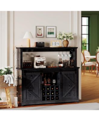 55in Coffee Bar Cabinet Power Outlet and LED Light Removable 12Bottle Wine Rack Sliding Barn Door Buffet Cabinet for Home