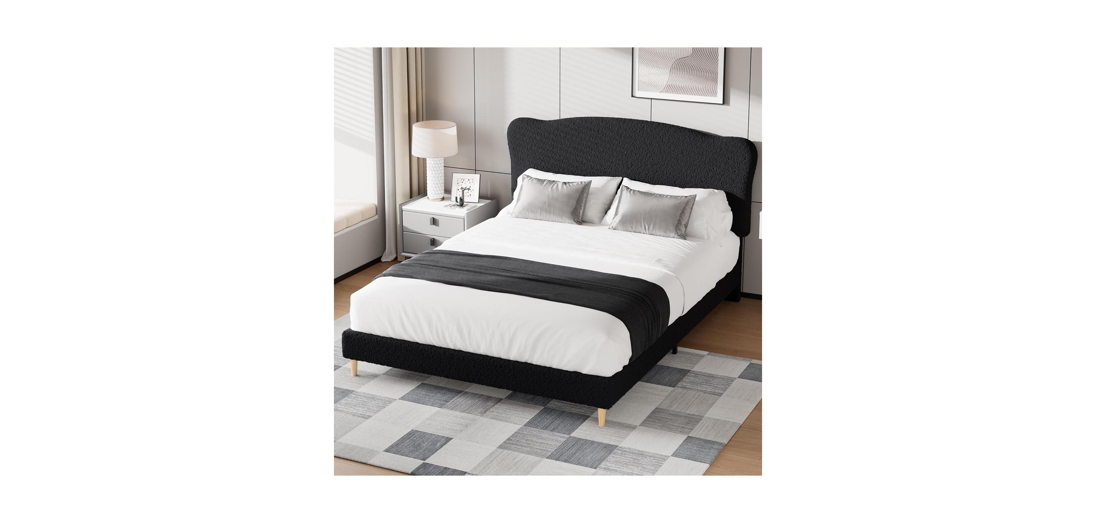 Gaomon Queen Upholstered Platform Bed Frame with Low-Profile Rounded Headboard, Heavy-Duty Wooden Slats, Noise-Free, No Box Spring